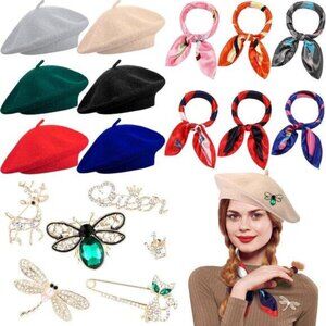 18 Pcs Beret Hats for Women with Silk Scarf Brooch, Wool French Beret Bulk Artis